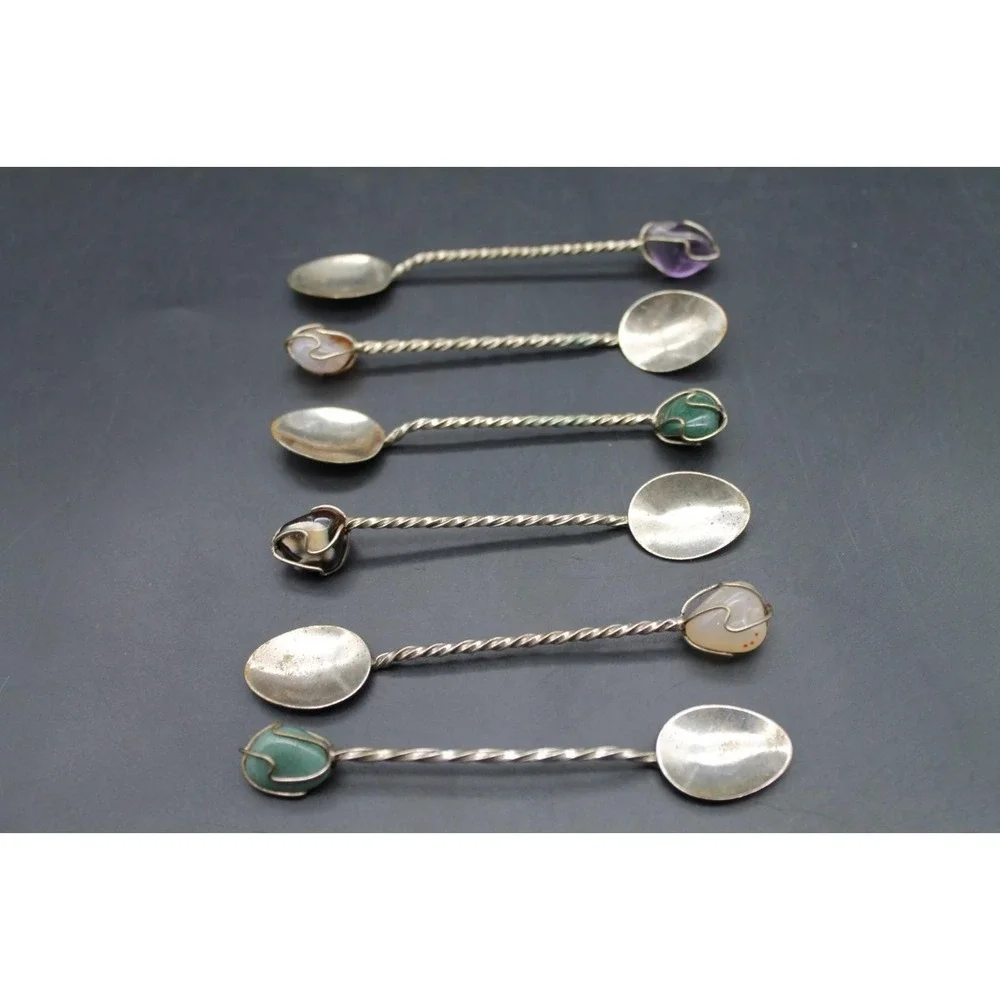 Vintage Set of 6 Twisted Metal Demitasse Spoons Semi Precious Stone Handles